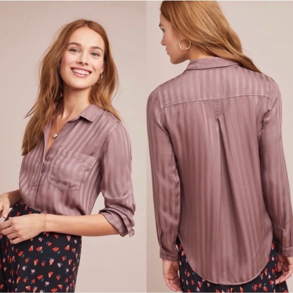 Cloth & Stone Anthropologie Top Mauve Grace Sateen Stripe Soft Button Down S